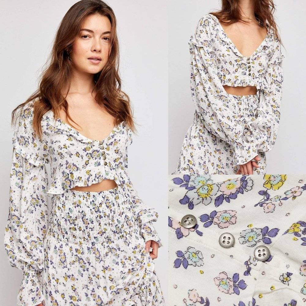 NEW Free People Secret Garden Floral Ruffle Button Front VNeck Crop Blouse Top L - Picture 11 of 12
